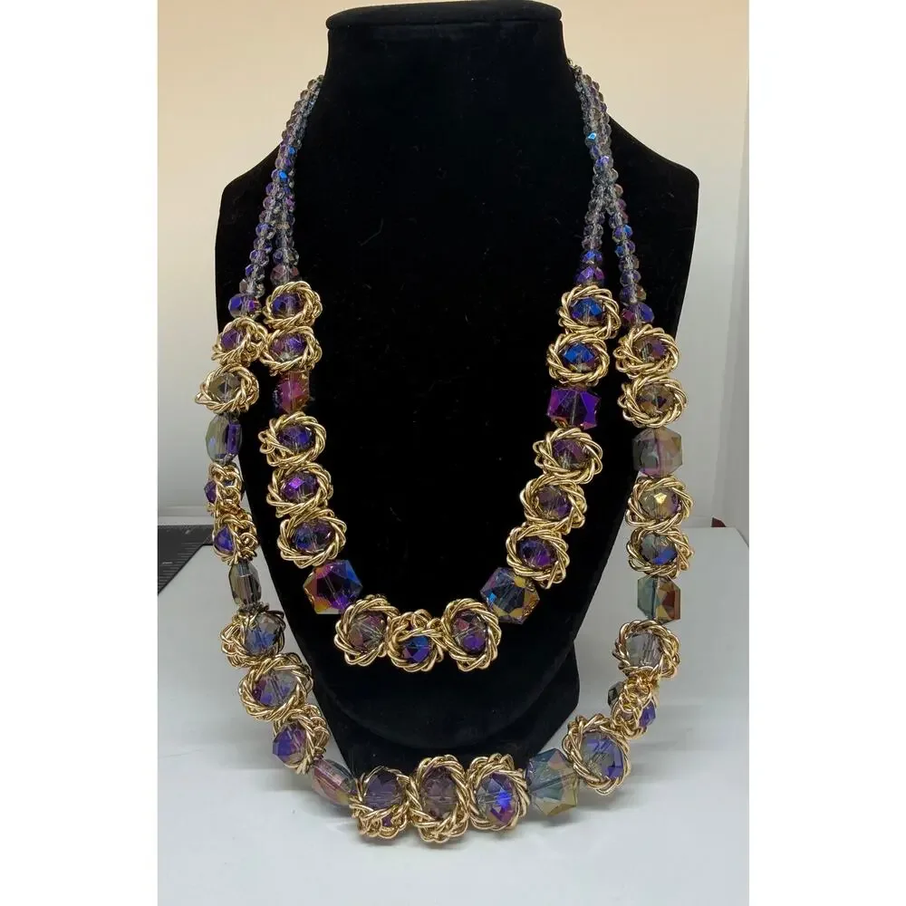 Purple Iridescent Statement Necklace Gold Tone Double Strand Faceted Glass Beads